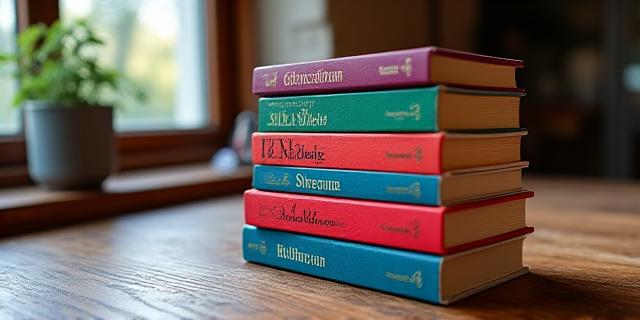 Stapel farbenfroher Bücher auf einem Holztisch in Wien